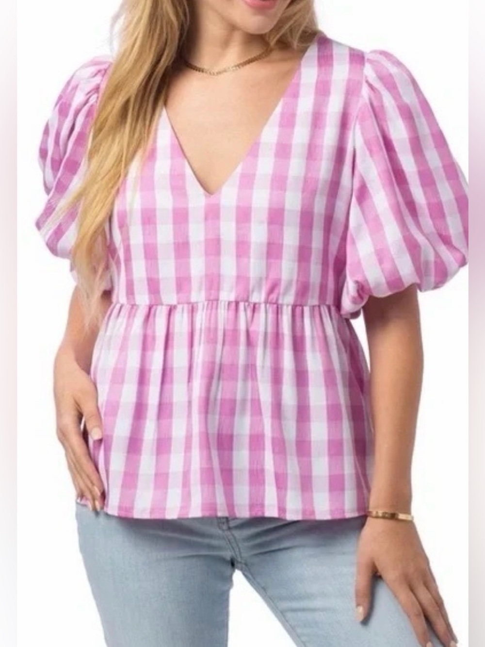 Crosby by Mollie Burch Pink Gingham Puff Sleeve Top